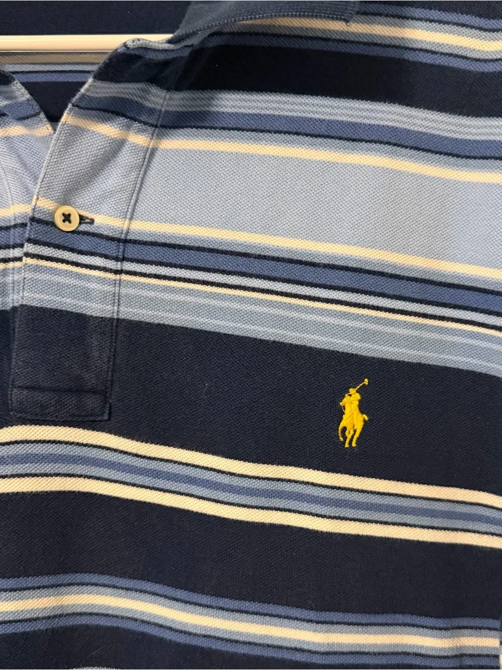 Ralph Lauren Navy and Light Blue Striped Polo with Yellow Pony